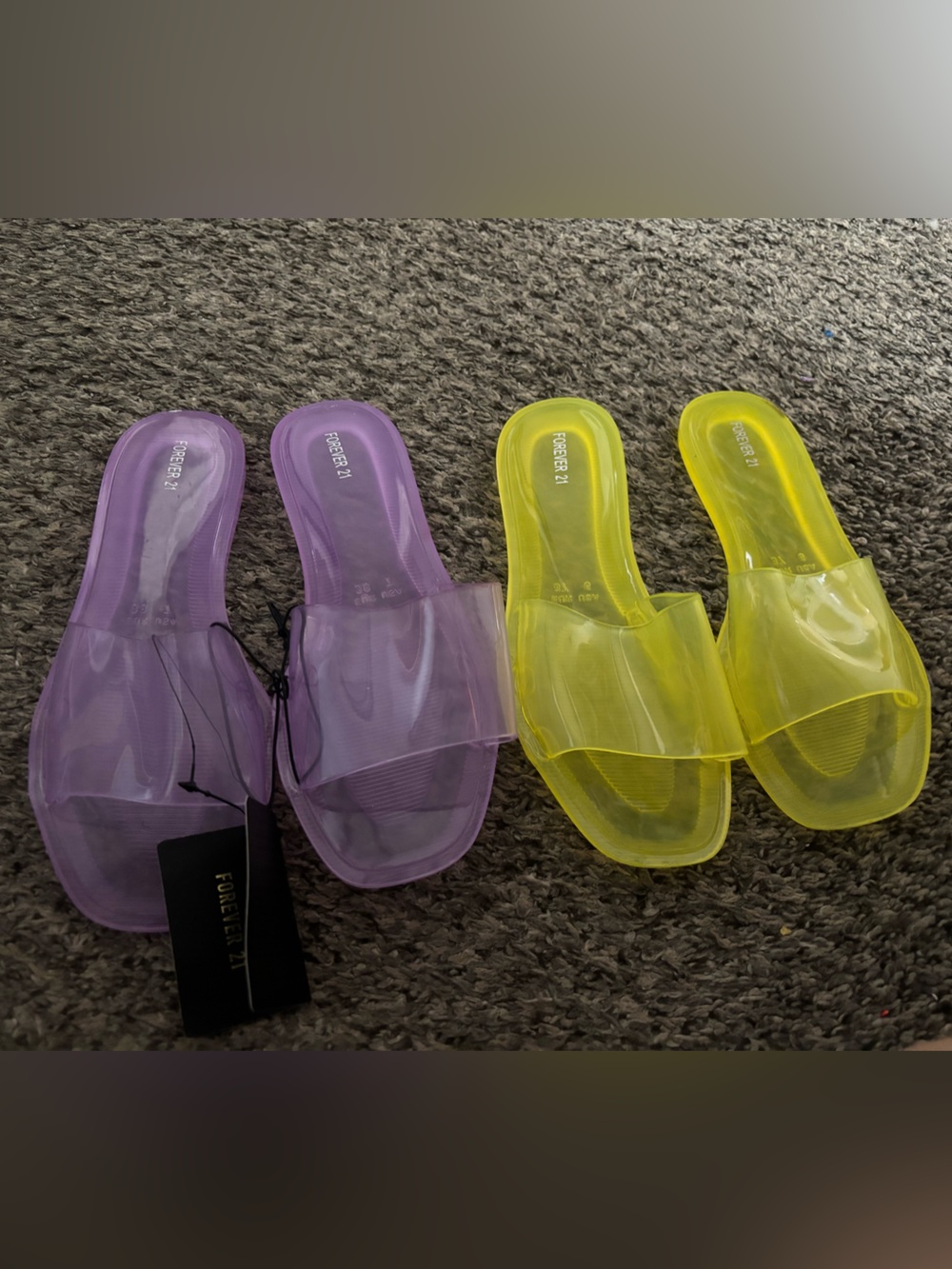 Forever 21 Purple and Yellow Transparent Slide Mules